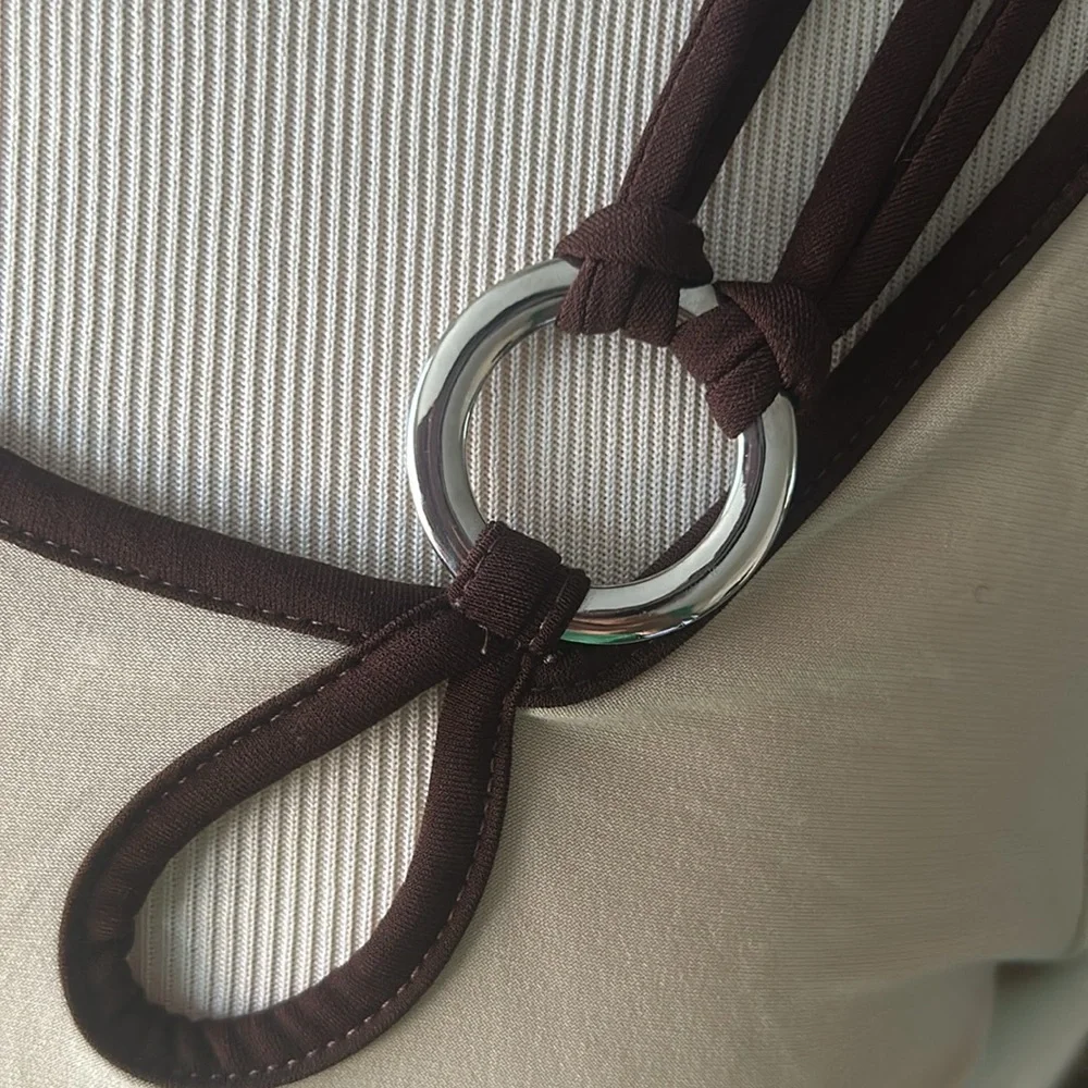 Vintage 2000s Y2K top light tan top with metal hoop embellishment made in USA 🇺🇸 - Picture 3 of 7